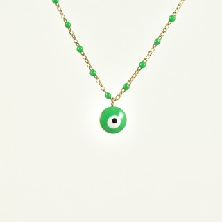 COLLIER PERLES ET OEIL VERTS ACIER INOXYDABLE GOLD PETIT PRIX