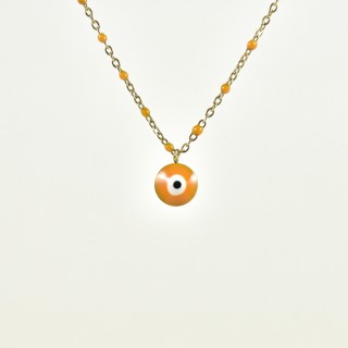 COLLIER PERLES ET OEIL ORANGES ACIER INOXYDABLE GOLD PETIT PRIX