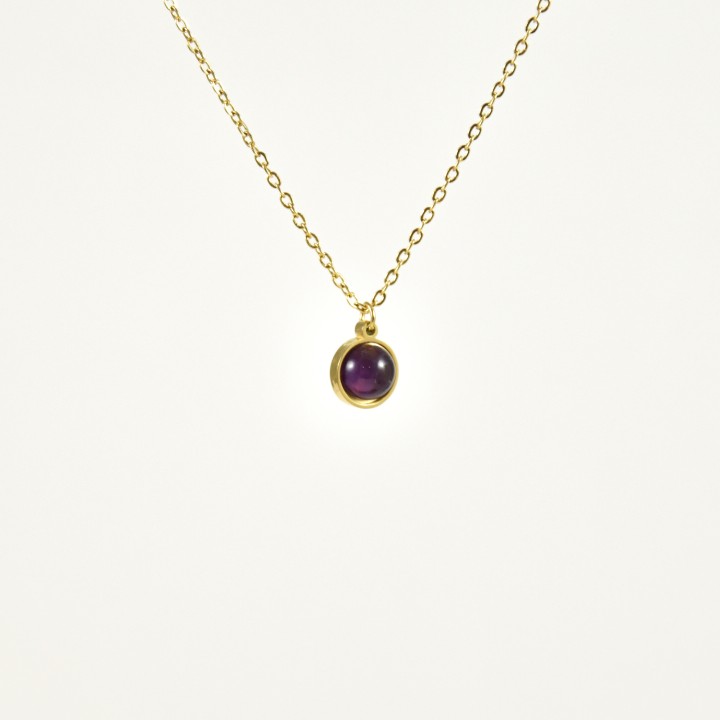 COLLIER MEDAILLON ROND AMETHYSTE ACIER INOXYDABLE GOLD PETIT PRIX