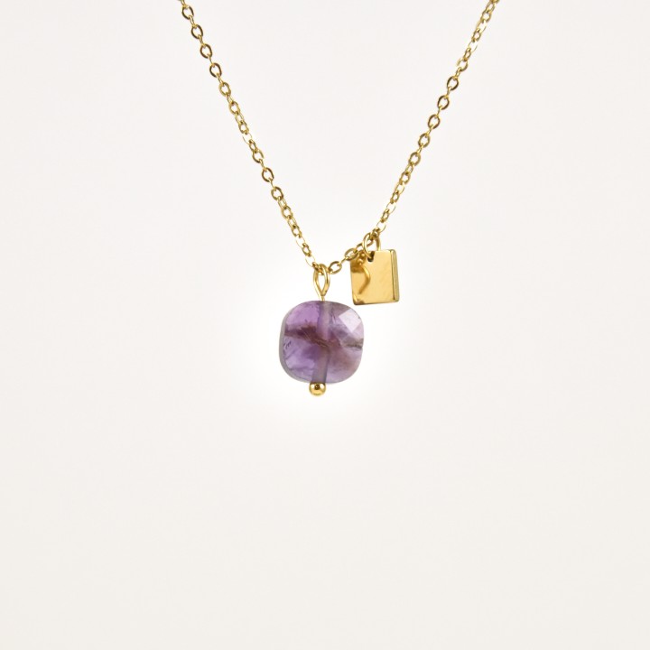 COLLIER AMETHYSTE CARREE ACIER INOXYDABLE GOLD PETIT PRIX