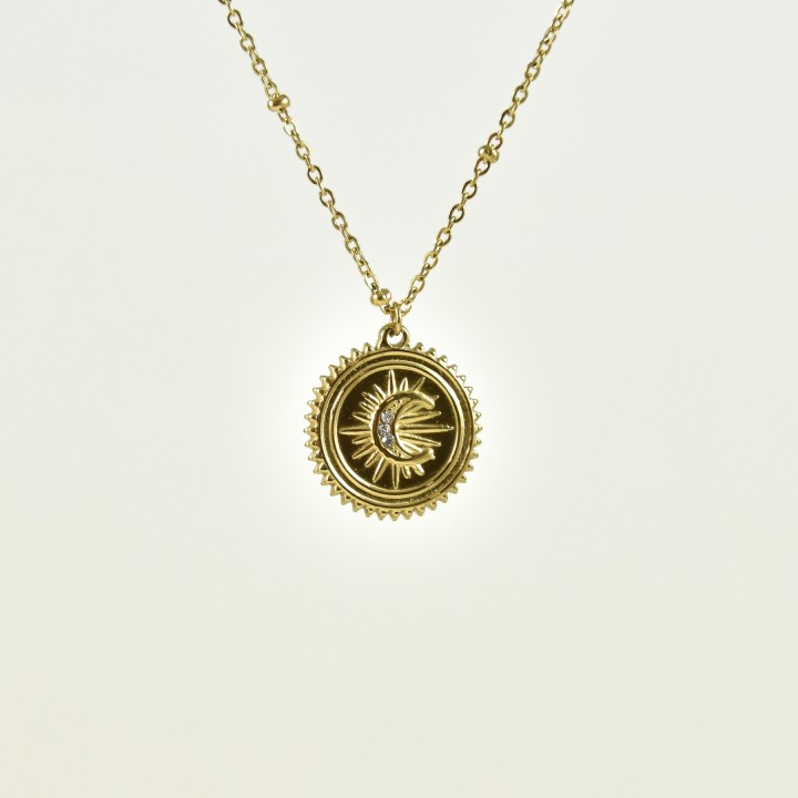 COLLIER MEDAILLE RONDE LUNE SOLEIL STRASS ACIER INOX GOLD PETIT PRIX