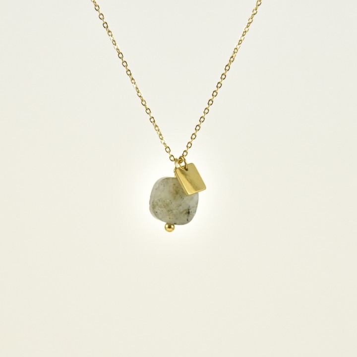 COLLIER LABRADORITE CARRE ACIER INOXYDABLE GOLD PETIT PRIX