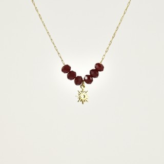 COLLIER PERLES ROUGES SOLEIL ACIER INOXYDABLE GOLD PETIT PRIX