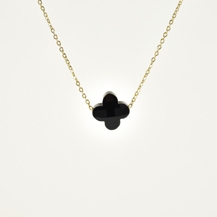 COLLIER TREFLE NOIR ACIER INOXYDABLE GOLD PETIT PRIX