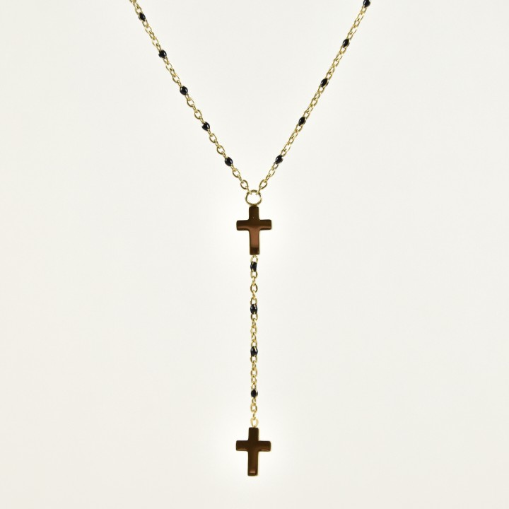 COLLIER PERLES NOIRES ET DOUBLE CROIX ACIER INOXYDABLE GOLD PETIT PRIX