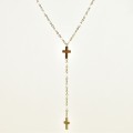 COLLIER PERLES BLANCHES ET DOUBLE CROIX ACIER INOXYDABLE GOLD PETIT PR