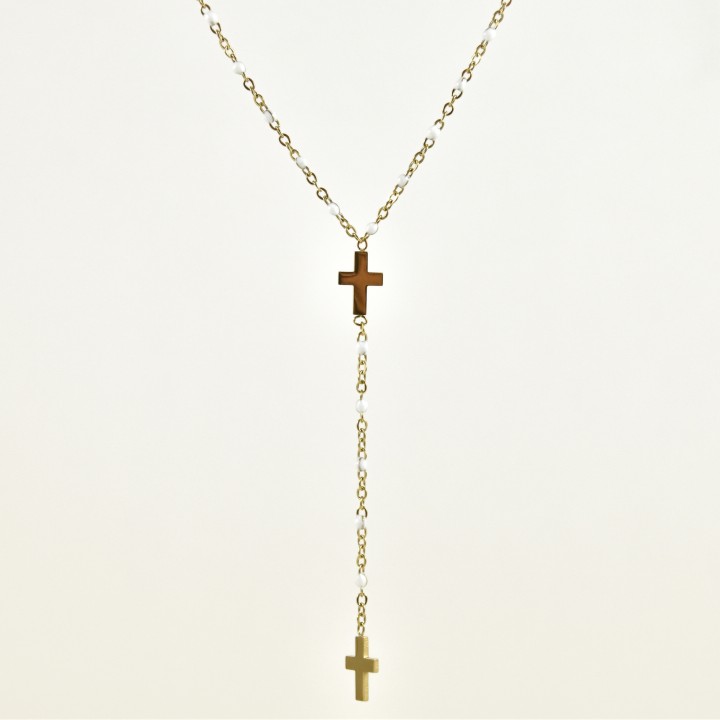 COLLIER PERLES BLANCHES ET DOUBLE CROIX ACIER INOXYDABLE GOLD PETIT PR