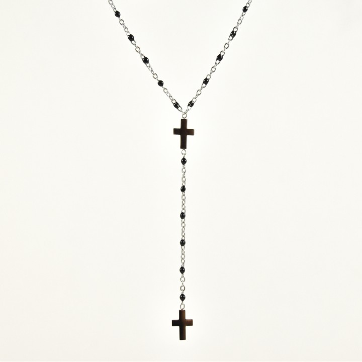 COLLIER PERLES NOIRES ET DOUBLE CROIX ACIER INOXYDABLE GOLD PETIT PRIX