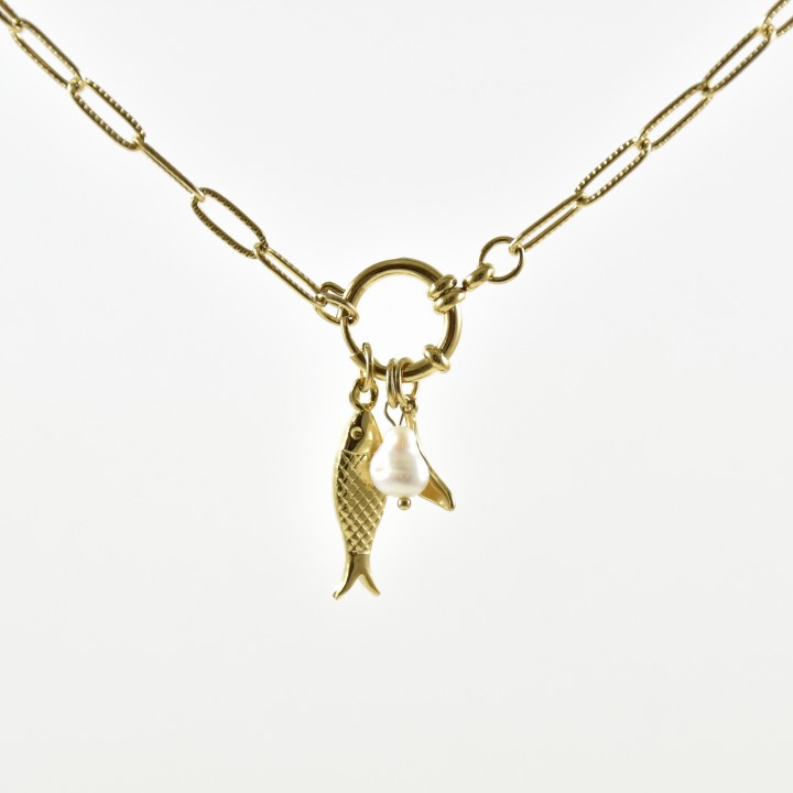 COLLIER GROSSE MAILLE POISSON NACRE ACIER INOXYDABLE GOLD PETIT PRIX