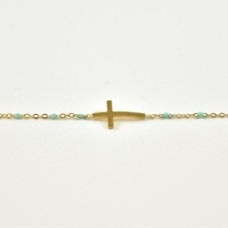 BRACELET PERLES VERTES CROIX ACIER INOXYDABLE GOLD PETIT PRIX