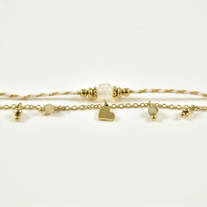 BRACELET DOUBLE RANGS BLANC COEUR ACIER INOXYDABLE GOLD PETIT PRIX