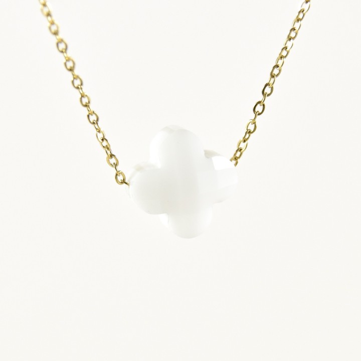 COLLIER TREFLE BLANC ACIER INOXYDABLE GOLD PETIT PRIX