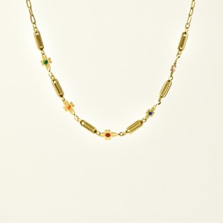 COLLIER CYLINDRIQUES FLEURS MUTLICOLORES ACIER INOX GOLD PETIT PRIX