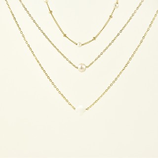 COLLIER MULTIRANGS TREFLE PERLE NACRE ACIER INOXYDABLE GOLD PETIT PRIX