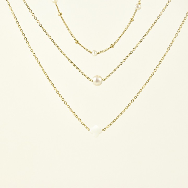 COLLIER MULTIRANGS TREFLE PERLE NACRE ACIER INOXYDABLE GOLD PETIT PRIX