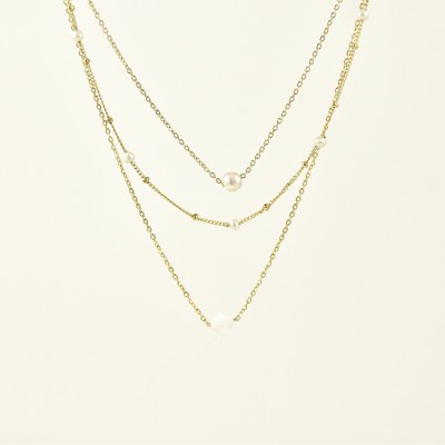 COLLIER MULTIRANGS TREFLE PERLE NACRE ACIER INOXYDABLE GOLD PETIT PRIX