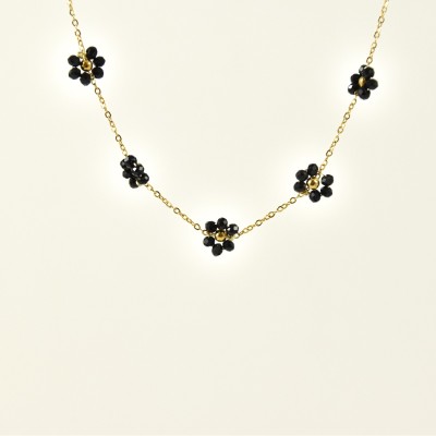 COLLIER FLEURS NOIRES INOXYDABLE GOLD PETIT PRIX