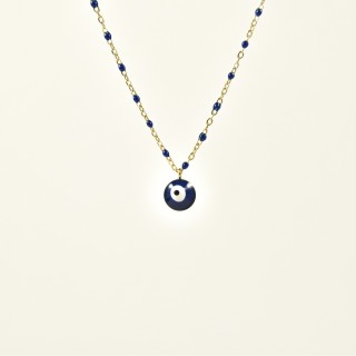 COLLIER PERLES ET OEIL BLEUS MARINE ACIER INOXYDABLE GOLD PETIT PRIX