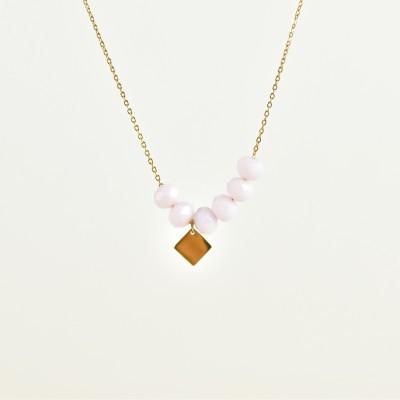 COLLIER PERLES FACETTES ROSES ACIER INOXYDABLE GOLD PETIT PRIX