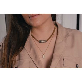 COLLIER MEDAILLON RECTANGLE STRASS ACIER INOXYDABLE GOLD PETIT PRIX