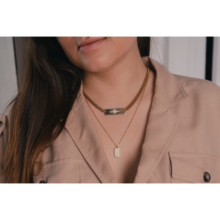 COLLIER MEDAILLON RECTANGLE STRASS ACIER INOXYDABLE GOLD PETIT PRIX