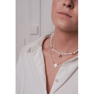 COLLIER PERLES BLANCHES ET OEIL ACIER INOXYDABLE GOLD PETIT PRIX